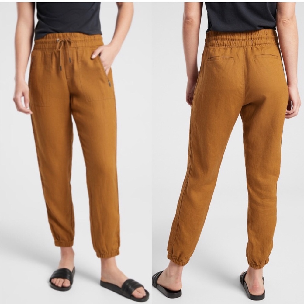 Athleta Cabo Linen Jogger Toasted Ochre Brown Zip Pockets 10 NWT Athleisure